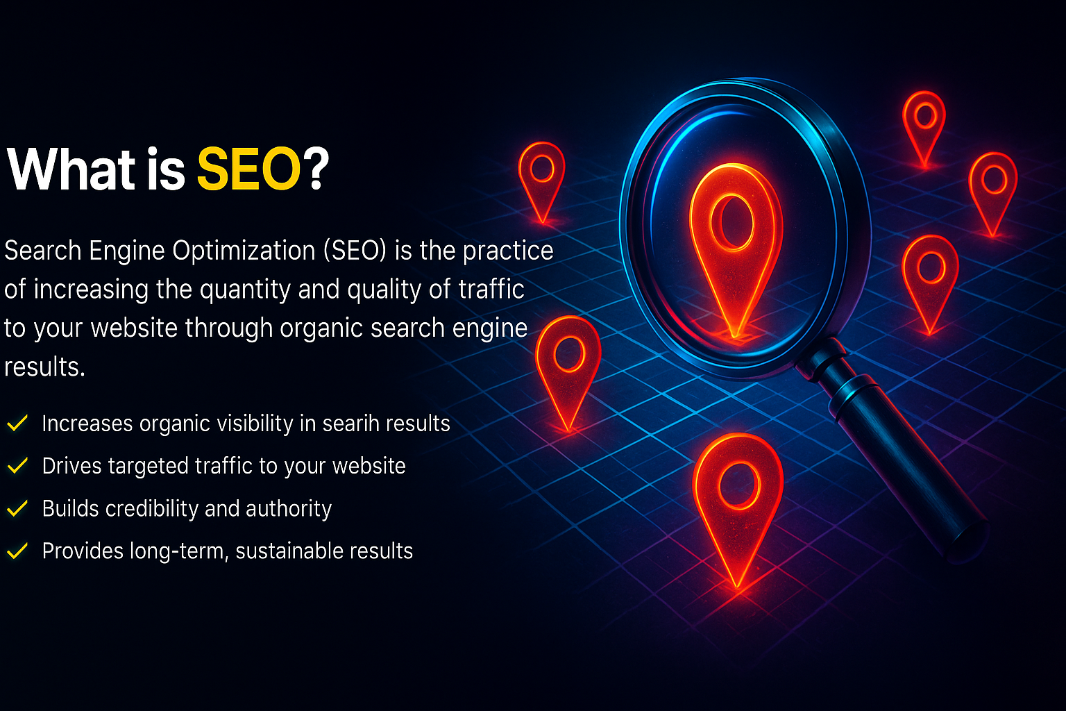 SEO visualization with magnifying glass and location pins
